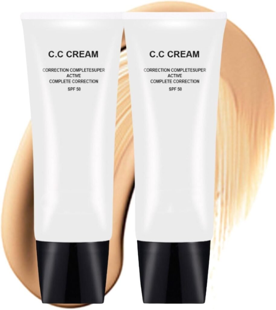 2PCS Skin Tone Adjusting CC Cream SPF 50,Cosmetics CC Cream Self Adjusting for Mature Skin, CC Cream Face Sunscreen and Foundation, Primer Moisturizing Skin Concealer Brightening Skin Tone