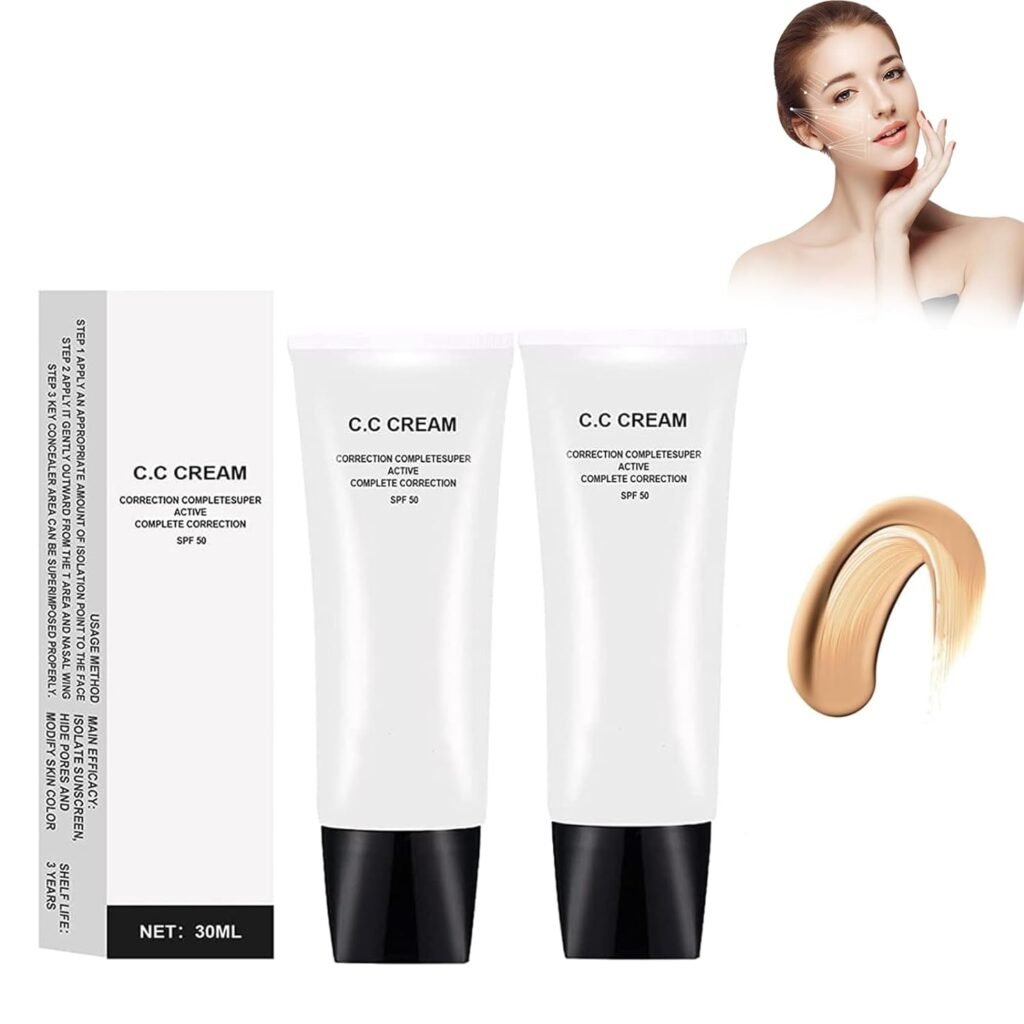 Cc Cream Skin Tone Adjusting CC Cream SPF 50, Cosmetics CC Cream, Colour Correcting Self Adjusting for Mature Skin, Pre-makeup Primer Moisturizing Skin Concealer Brightening Skin Tone (2PCS)