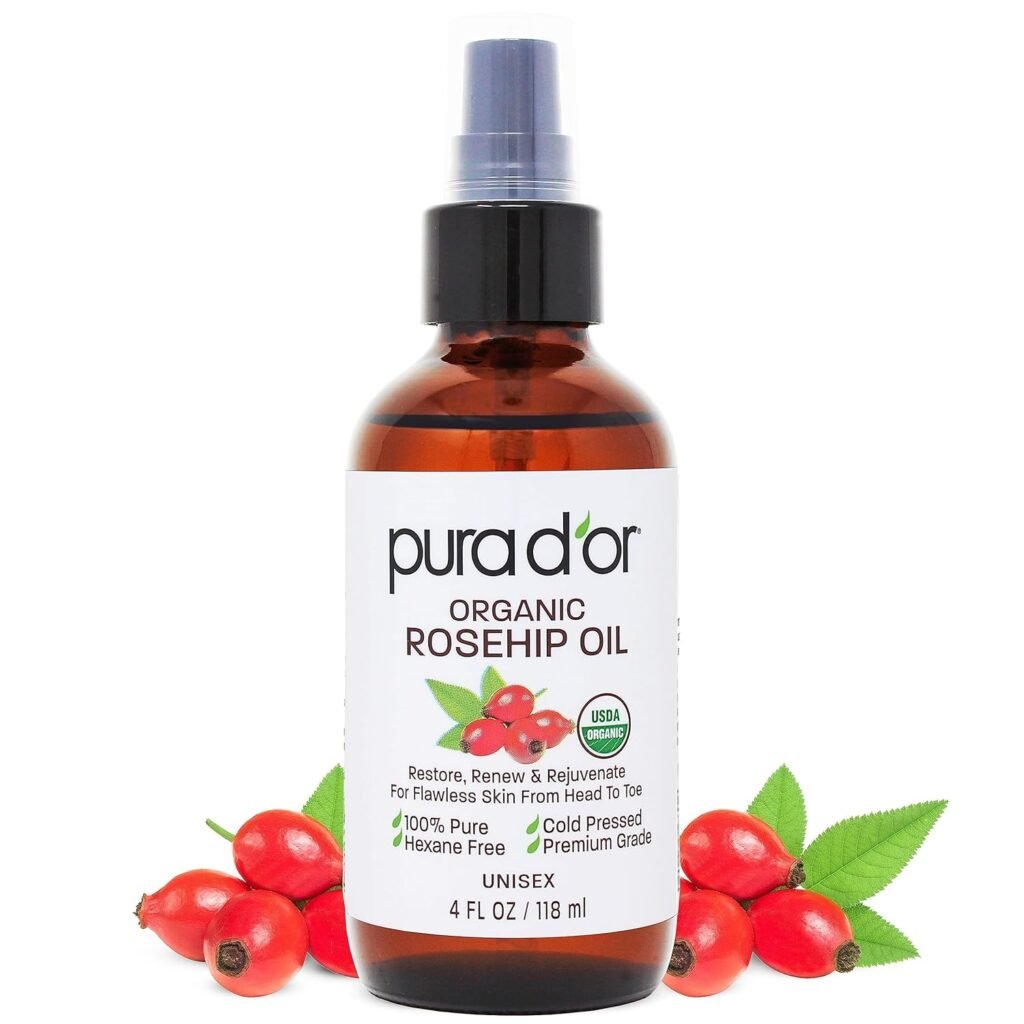 PURA DOR 4 Oz ORGANIC Rosehip Seed Oil 100% Pure Cold Pressed USDA Certified All Natural Moisturizer For Anti-Aging, Acne Scar Treatment, Gua Sha Massage, Face, Hair  Skin, Women  Men