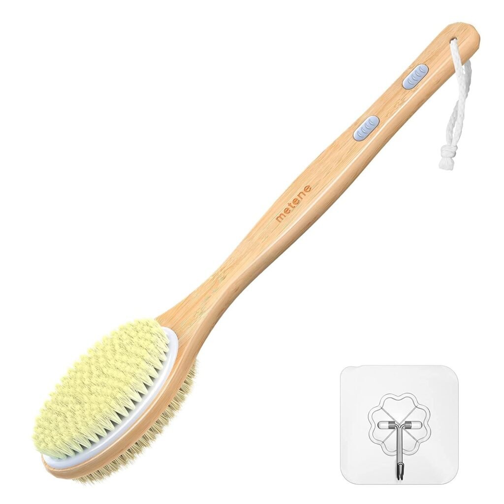 Bamboo Body Brush with Stiff and Soft Natural Bristles, Back Scrubber for Shower with Long Handle, Dual-Sided Brush Head for Wet or Dry Brushing, Exfoliating Skin and Clean The Body Easily