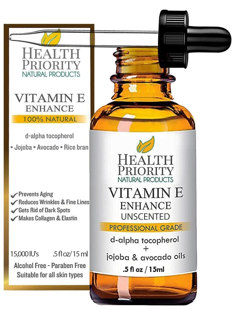 Health Priority Organic Vitamin E Oil for Skin  Scars - 15000 IU, Unscented, 0.5 Fl Oz