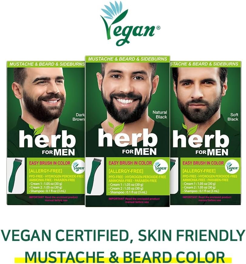 Herb For Men, PPD  Ammonia Free Mustache  Beard Dye, Vegan Natural Ingredients, Odorless, No More Skin Irritations from Coloring for Sensitive Skin – Soft Black.