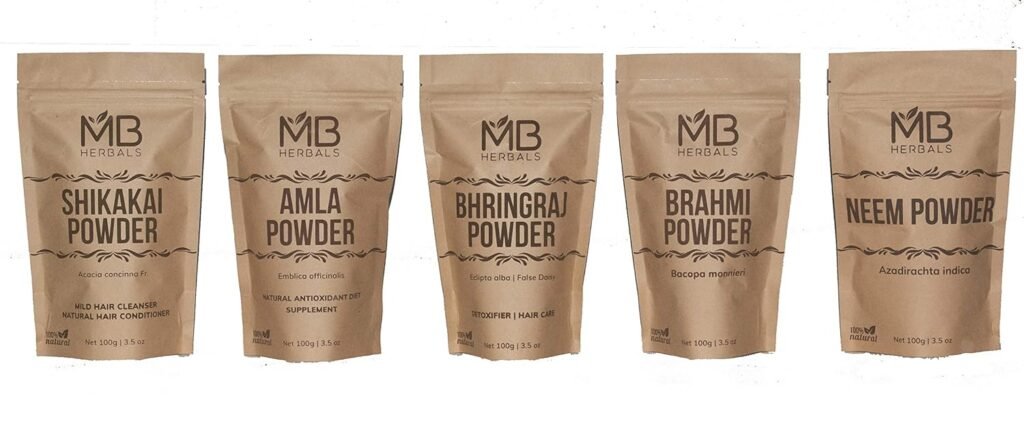 MB Herbals Hair Care Powders COMBO Pack | Shikakai | Neem | Brahmi | Amla | Bhringaraj | Powders | 100 Grams Each - Packaging May Vary