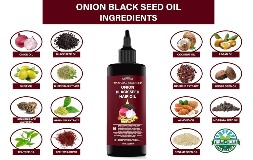 Onion Black Seed Hair Oil, Blend of 15 Oils and Extracts for Healthy, Strong, Long, and Luxurious Hair.