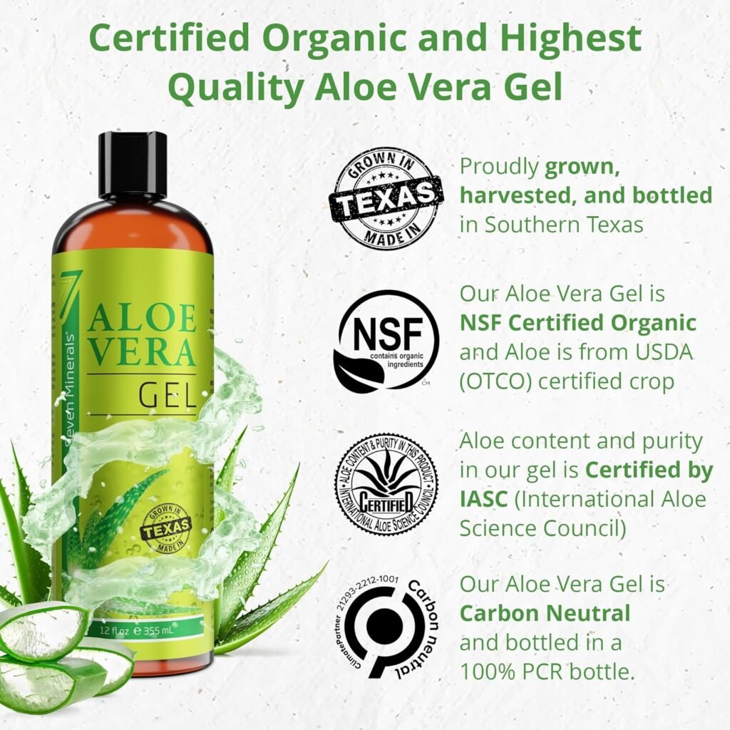 Seven Minerals Organic Aloe Vera Gel from freshly cut 100% Pure Aloe - Big 12oz - HighestQuality, Texas grown, Vegan, Unscented - For Face, Skin, Hair, Sunburn relief