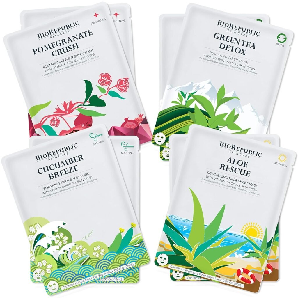 BioRepublic SkinCare Hydrating Sheet Masks On the Glow Kit | 2 Aloe, 2 Green Tea, 2 Pomegranate, 2 Cucumber Facial Masks | Biodegradable Cruelty Free Face Mask Variety Pack of 8 BioRepublic SkinCare Hydrating Sheet Masks On the Glow Kit | 2 Aloe, 2 Green Tea, 2 Pomegranate, 2 Cucumber Facial Masks | Biodegradable Cruelty Free Face Mask Variety Pack of 8