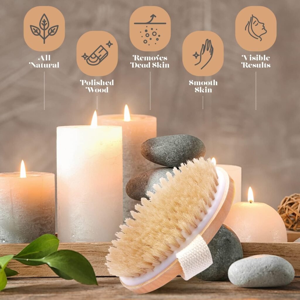 Dry Skin Body Brush - Improves Skins Health and Beauty - Natural Bristle - Remove Dead Skin and Toxins, Cellulite Treatment, Improves Lymphatic Functions, Exfoliates, Stimulates Blood Circulation