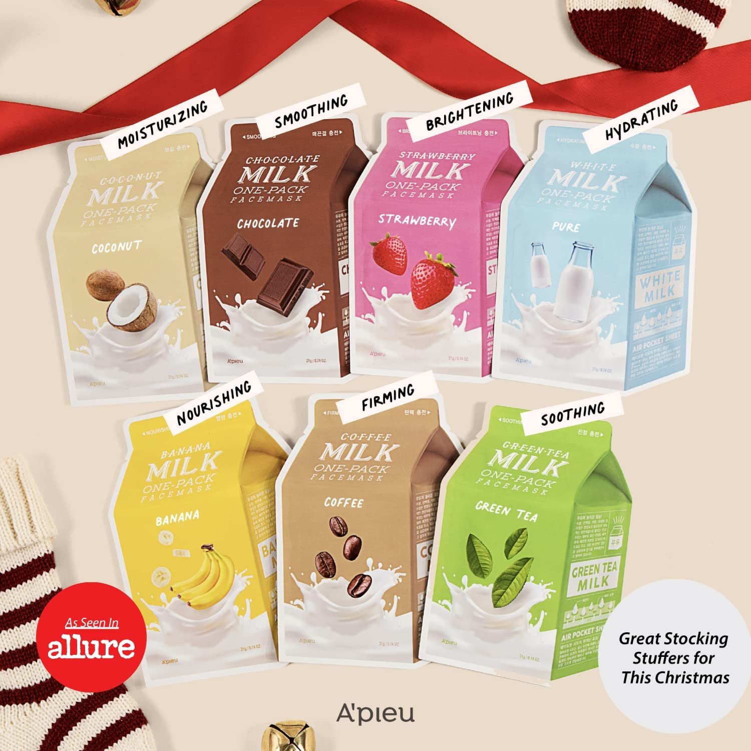 A’PIEU Milk Sheet Mask (7 flavors in 1 pack) with Milk Essence to mildly exfoliate Hydrate, brighten - Korean skincare for normal to dry skin.