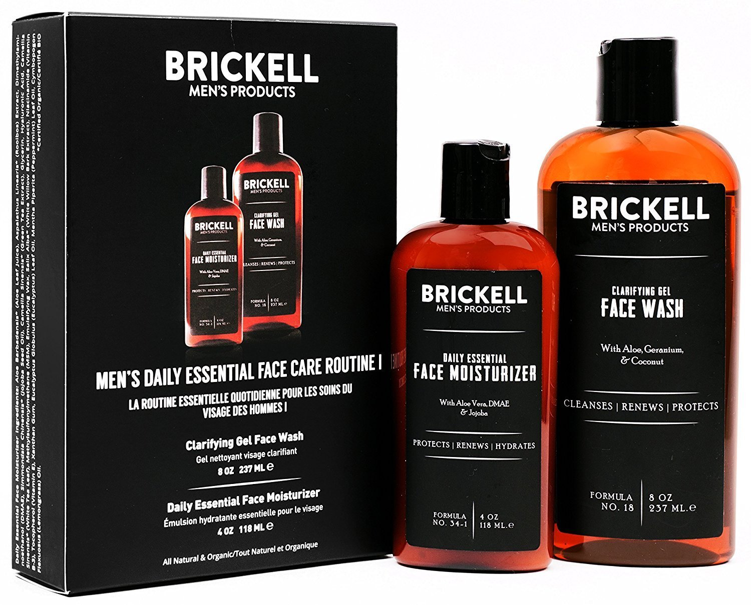 Brickell Mens Daily Essential Face Care Routine I, Gel Facial Cleanser Wash and Face Moisturizer Lotion, Mens Skincare Gift Set Natural and Organic, Scented