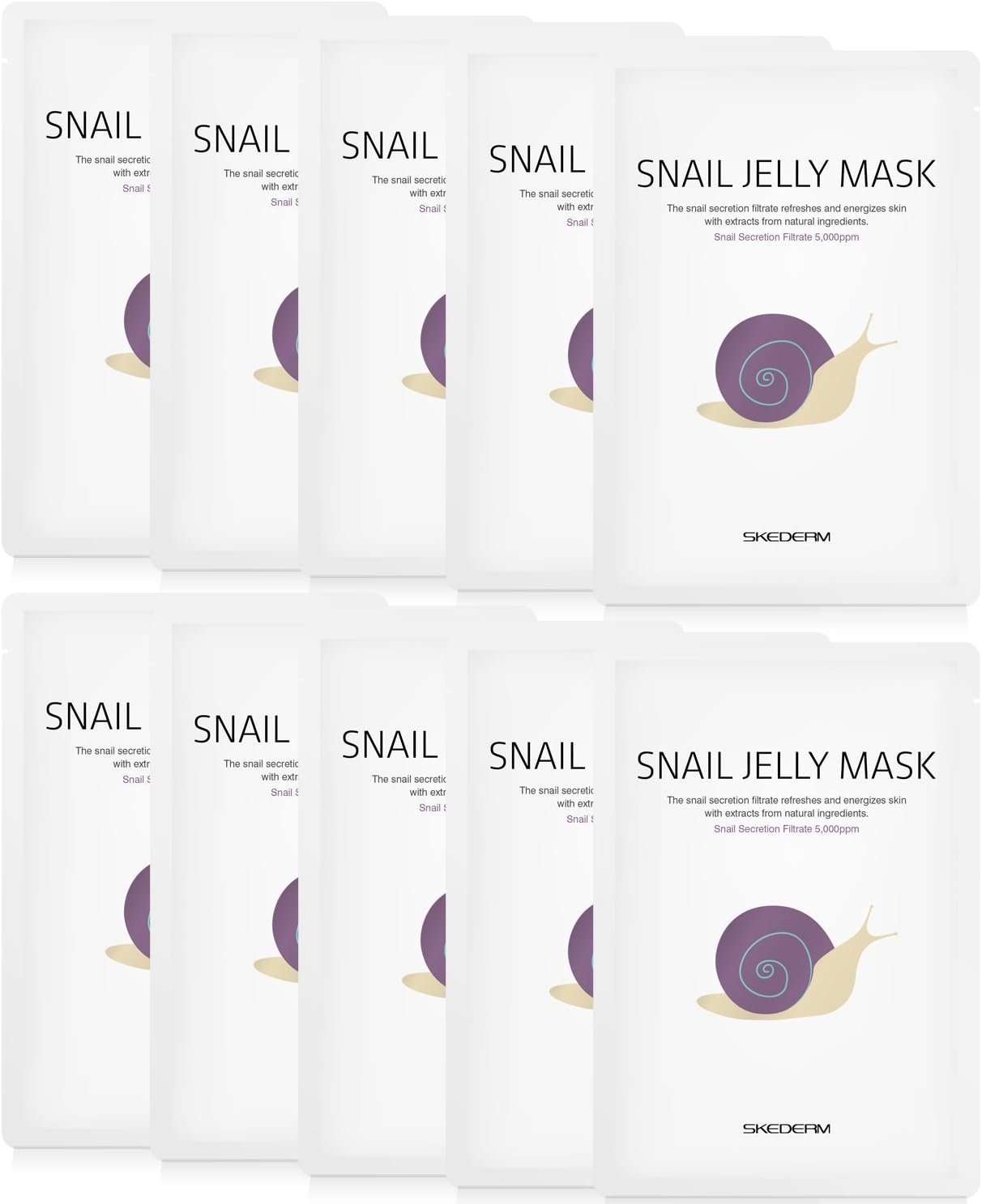 Korean Face Mask Snail Jelly Sheet Mask 10 Sheets Hydrating Sheet Mask Anti-Wrinkle Korean Skin Care Anti-Aging Sheets Pack Moisturizing Snail Secretion Filtrate 30,000ppm