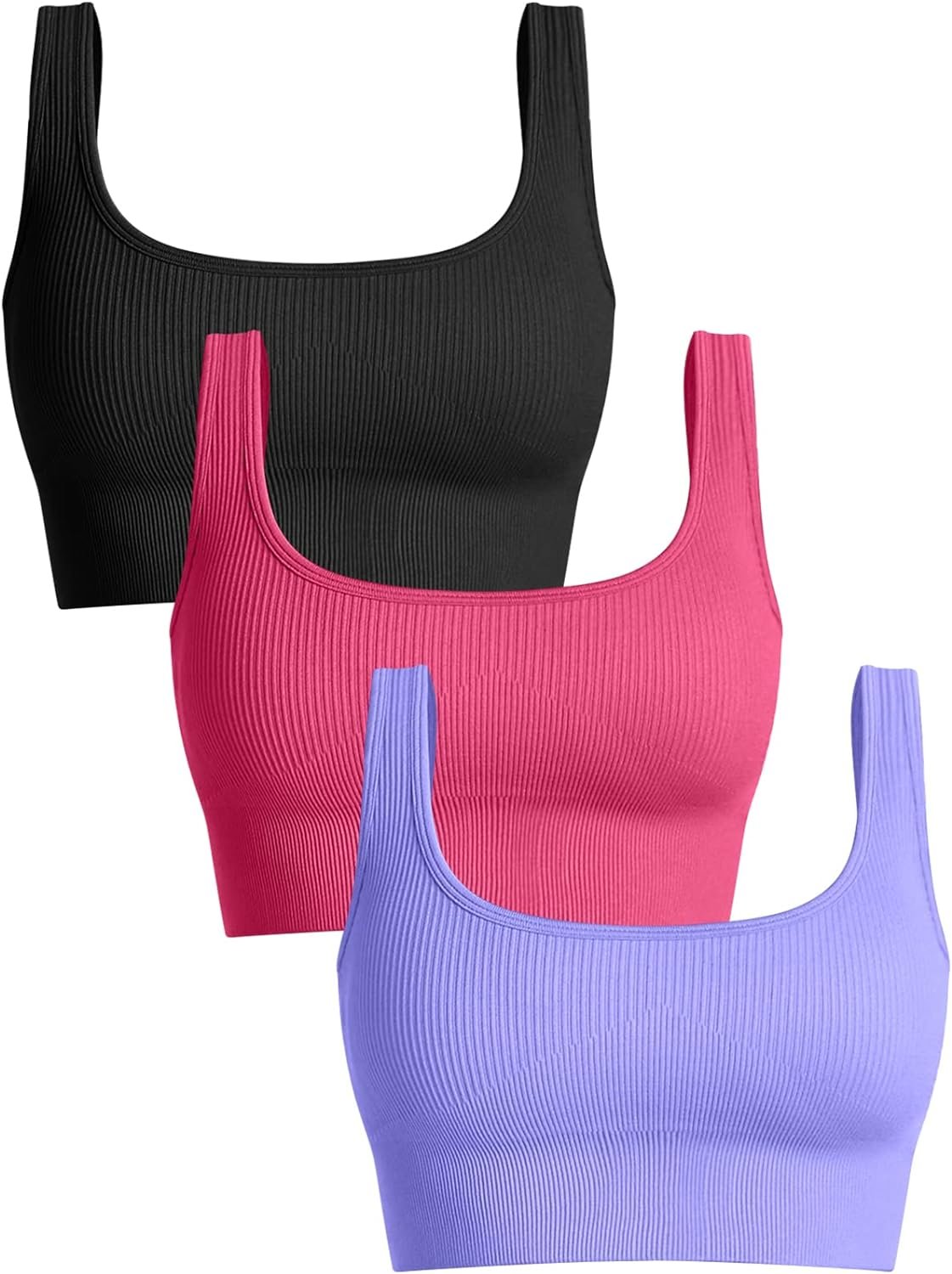 OQQ Womens 3 Piece Medium Support Tank Top Ribbed Seamless Removable Cups Workout Exercise Sport Bra