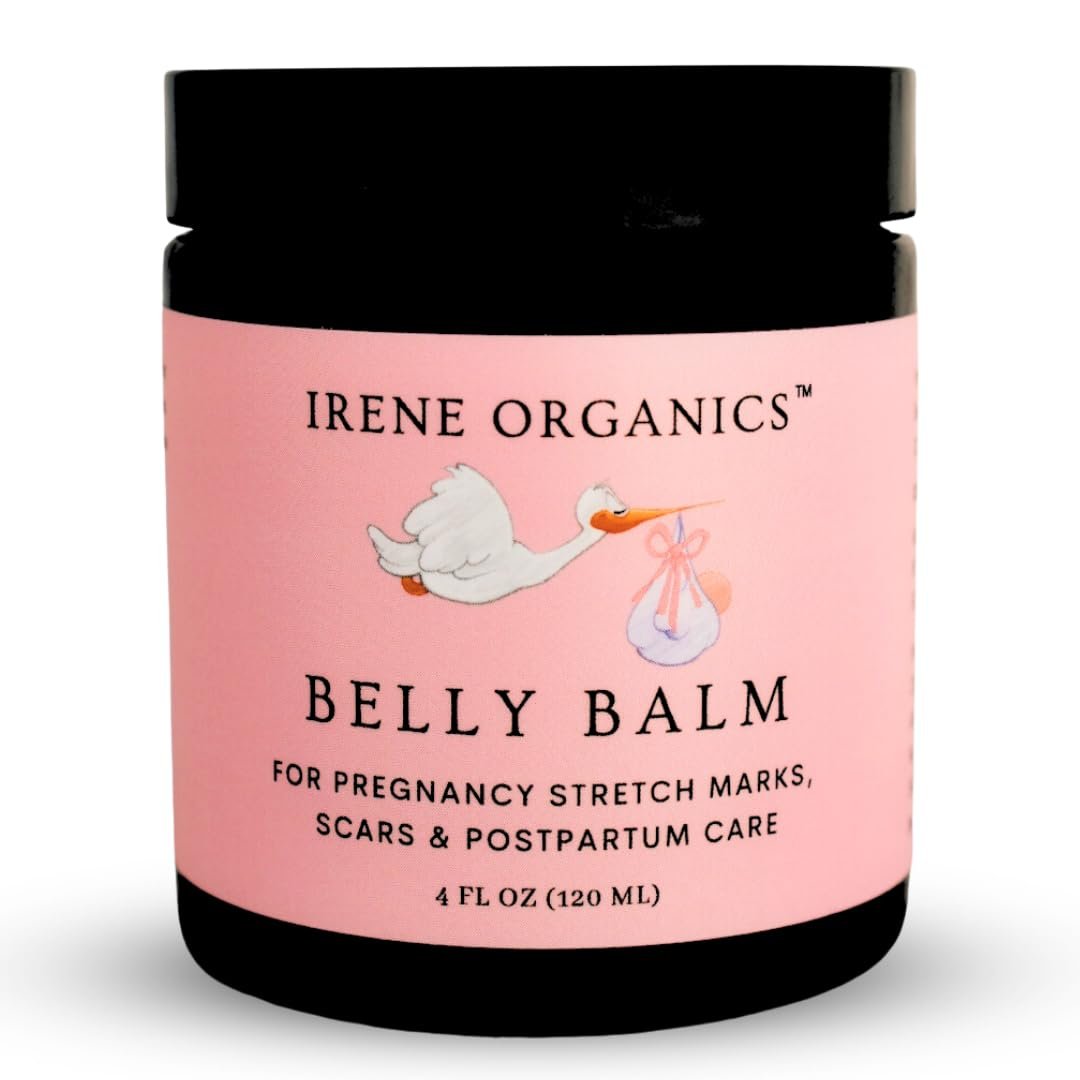 Organic Belly Butter for Pregnancy Stretch Mark Prevention and Treatment by Irene Organics - Award Winning Anti Stretch Mark Tummy Balm For Pregnancy and Postpartum 4oz - Hydrating Bump Cream