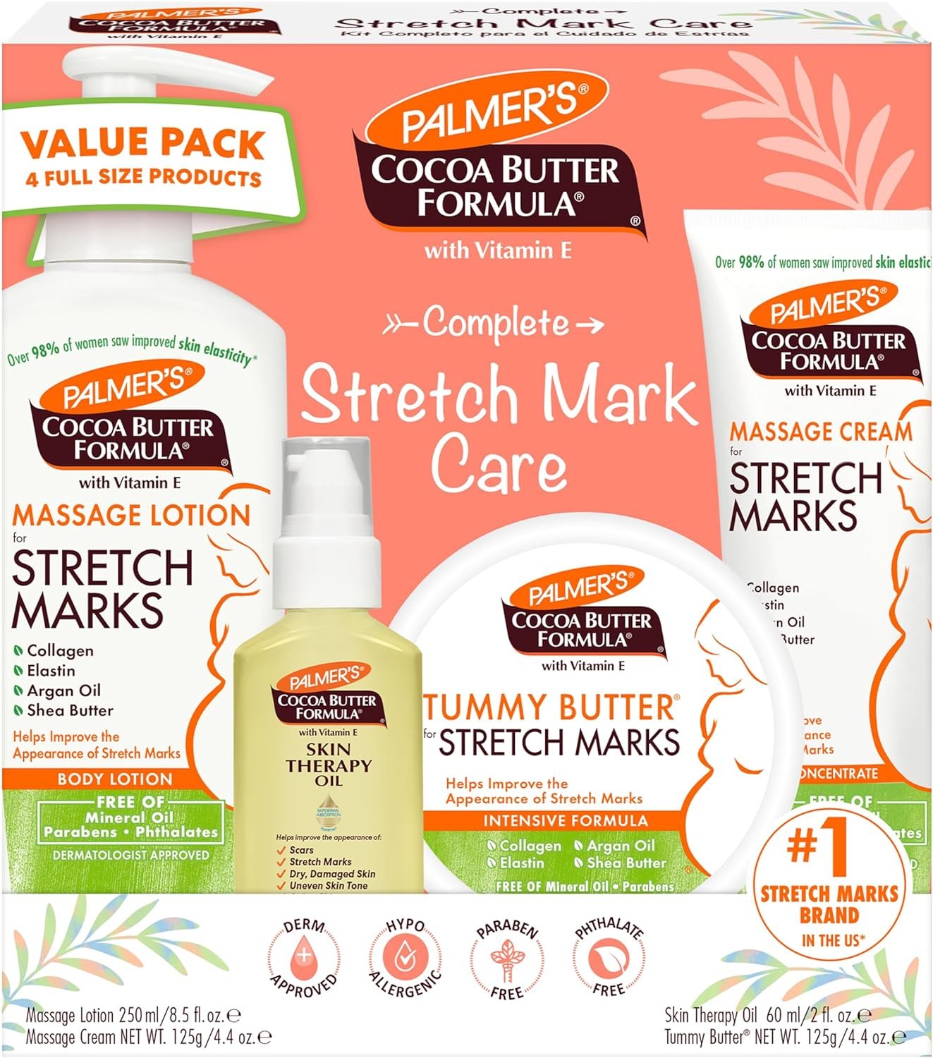 Palmers Cocoa Butter Formula Pregnancy Skin Care Kit for Stretch Marks and Scars, Dermatologist Approved, Gift for Mom to Be, 4 Piece Full Size Set