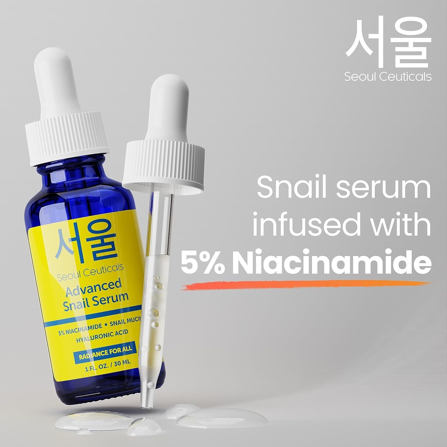 SeoulCeuticals Korean 5% Niacinamide + Snail Mucin 97.5% Essence Serum + Hyaluronic Acid, Cruelty Free Korean Skin Care, Natural  Organic Anti Aging Face Serum for Dull Skin, K Beauty 1oz