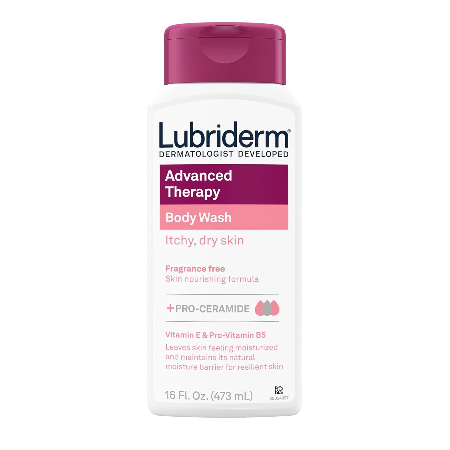 Lubriderm Advanced Therapy Body Wash, Unscented Nourishing Cleanser with Pro-Ceramide, Vitamin E  Pro-Vitamin B5 Gently Cleanses Itchy, Dry Skin, Fragrance Free, Hypoallergenic, 16 fl. oz