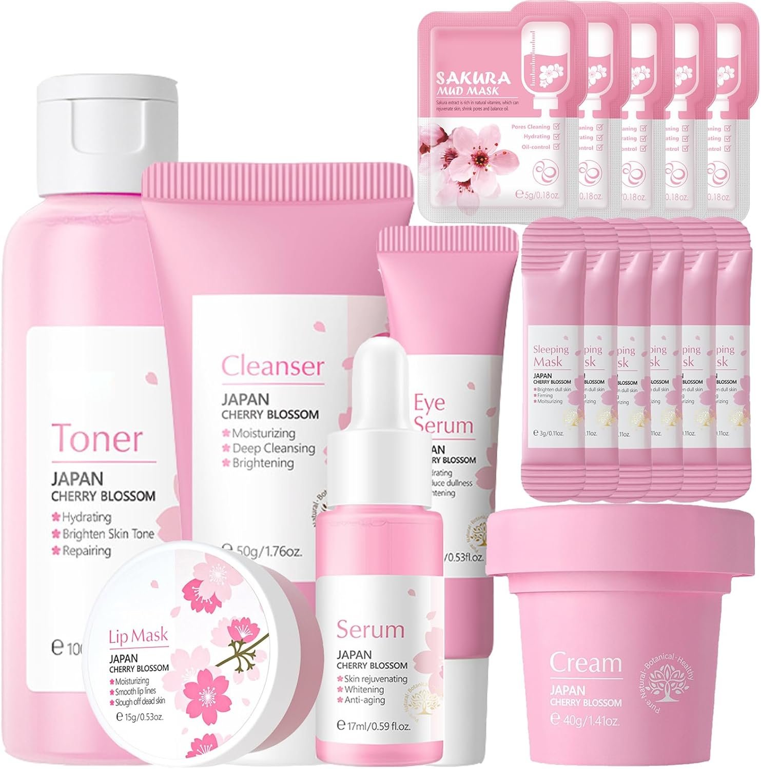 Sakura Face Care Set for Women, 17Pcs Moisturizing Skin Care Set Include Sakura Cream, Cleanser, Serum, Toner, Eye Cream, Lip Mask, Mud Mask, Sleeping Mask, Skin Care Routine for Daily Beauty Care