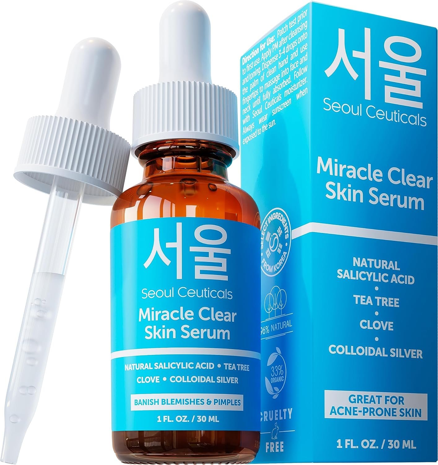 SeoulCeuticals Korean Acne Serum, Skin Care Treatment for Acne Prone Skin - Rapid Action Salicylic Acid, Tea Tree  Clove For Even Skin Tone 1oz