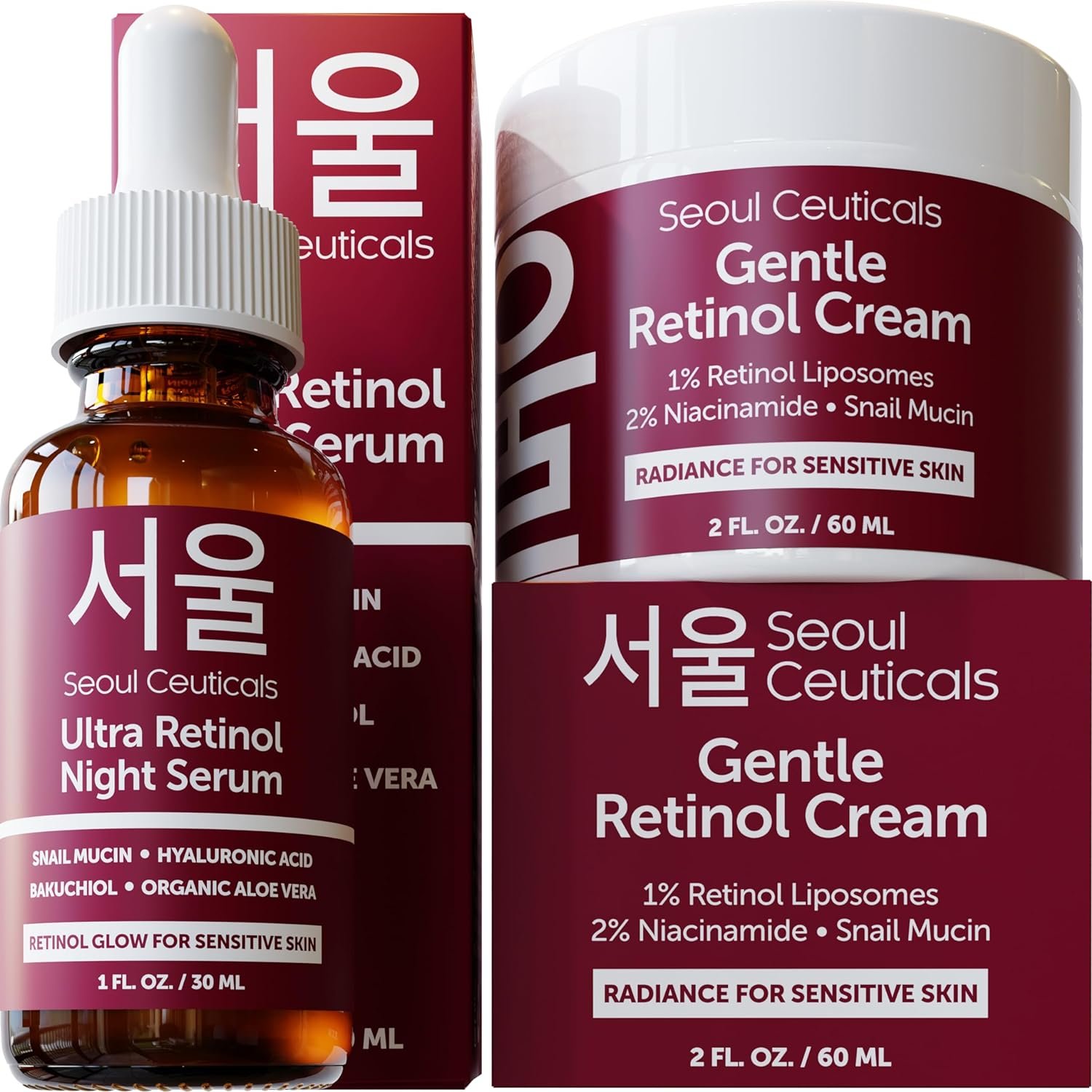 SeoulCeuticals Korean Retinol Night Serum + Retinol Night Cream for Face + 97.5% Snail Mucin for Sensitive Skin SeoulCeuticals Korean Retinol Night Serum + Retinol Night Cream for Face + 97.5% Snail Mucin for Sensitive Skin