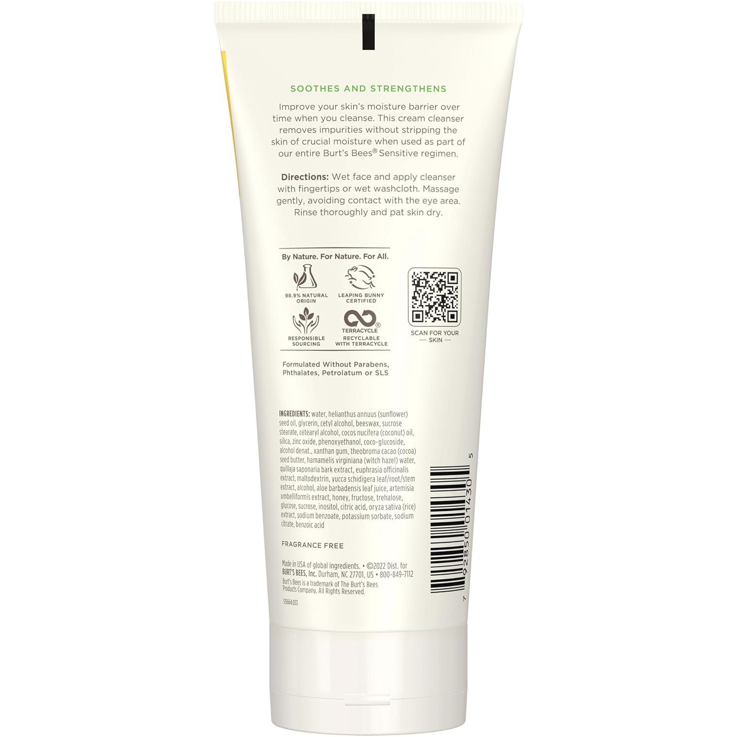 Burts Bees Gentle Cream Cleanser with Aloe for Sensitive Skin, 98.9% Natural Origin, 6 Ounces