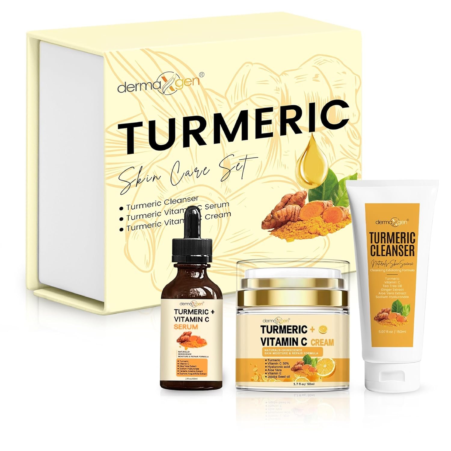 Dermaxgen Turmeric Complete Facial Care Kit - Organic Glowing Skin Anti-Aging, Rejuvenating, Boosting Collagen  Hydrating - Day  Night Brightening Skincare Gift Set