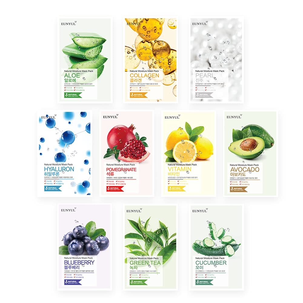 EUNYUL [PACK OF 10] Natural Sheet Mask Pack 10 types Korean Skincare Facial Mask Pack Aloe, Collagen, Pearl, Hyaluron, Avocado, Pomegranate, Vitamin, Blueberry, Green Tea, Cucumber