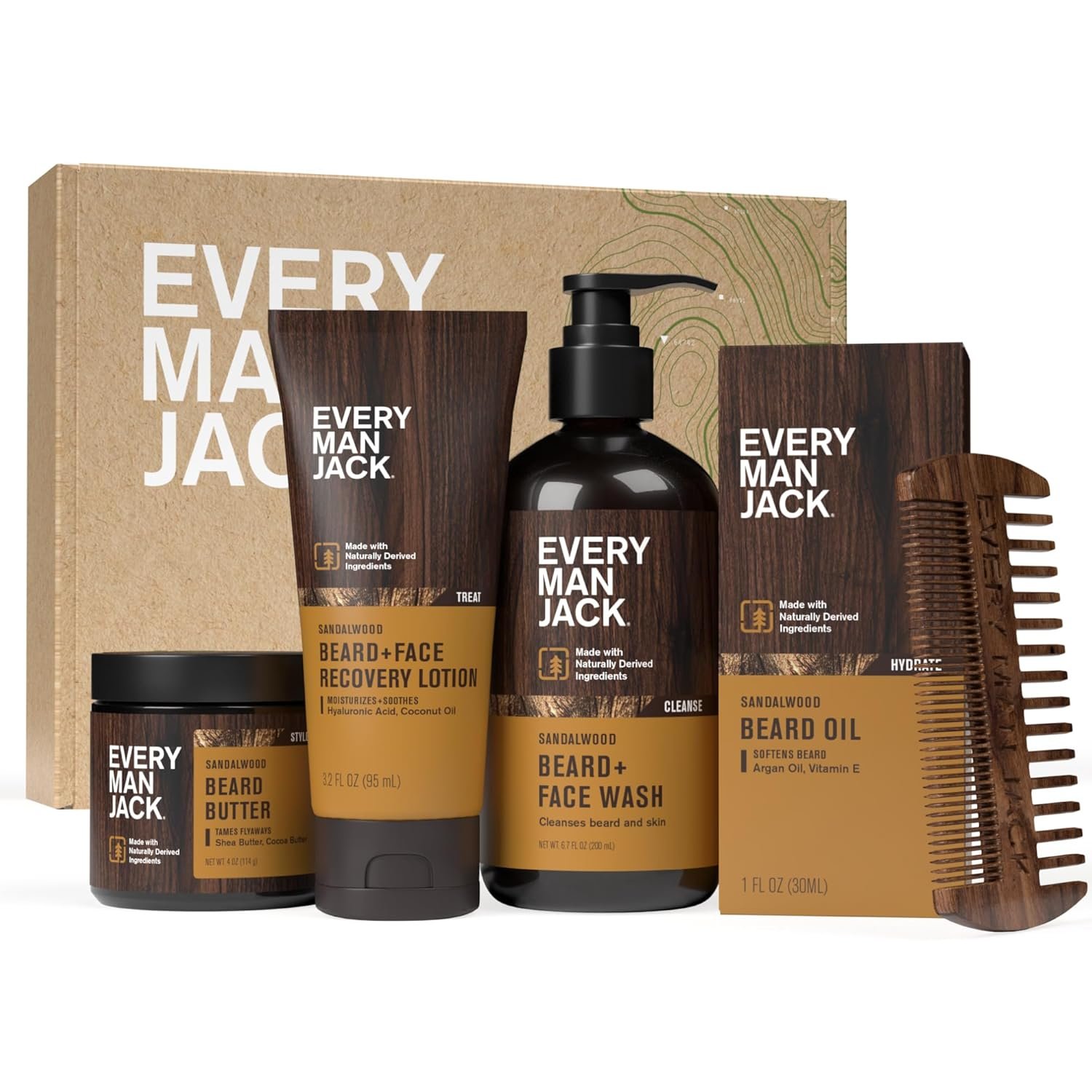 Every Man Jack Mens Sandalwood Grooming Set - Five Full-Sized Essentials: Wash, Lotion, Hydrating Oil, Butter, and Comb