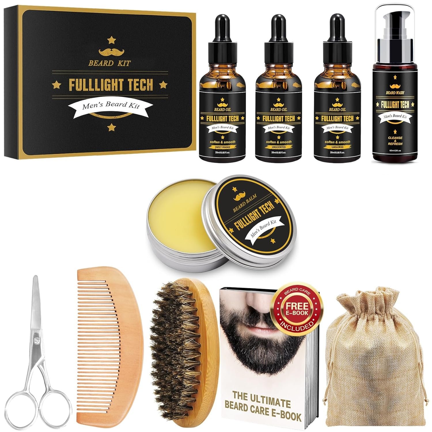 FULLLIGHT TECH Mens Beard Grooming  Care Kit - Wash, 3 Beard Oils, Balm, Comb, Brush, Scissors - Premium Gift Set