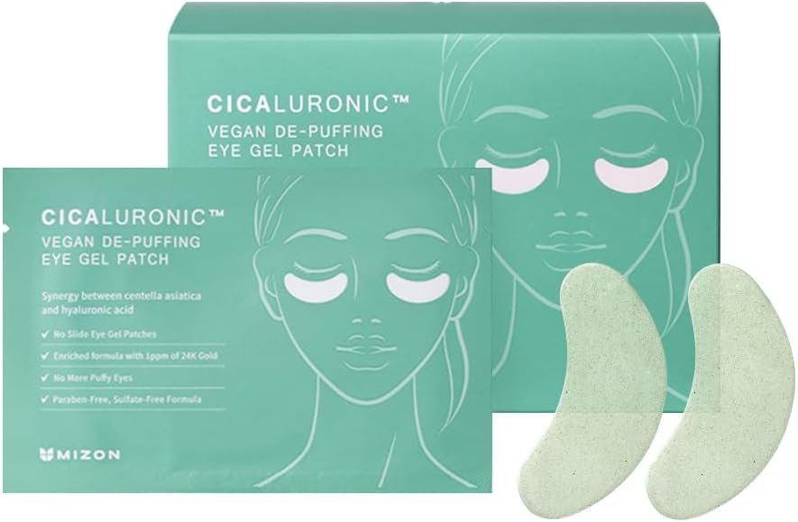 MIZON Cicaluronic Vegan De-puffing Eye Gel Patch, 24K Gold  Cica Under Eye Mask, Reduces Puffy Eyes, Dark Circles and Wrinkles (21 pairs)