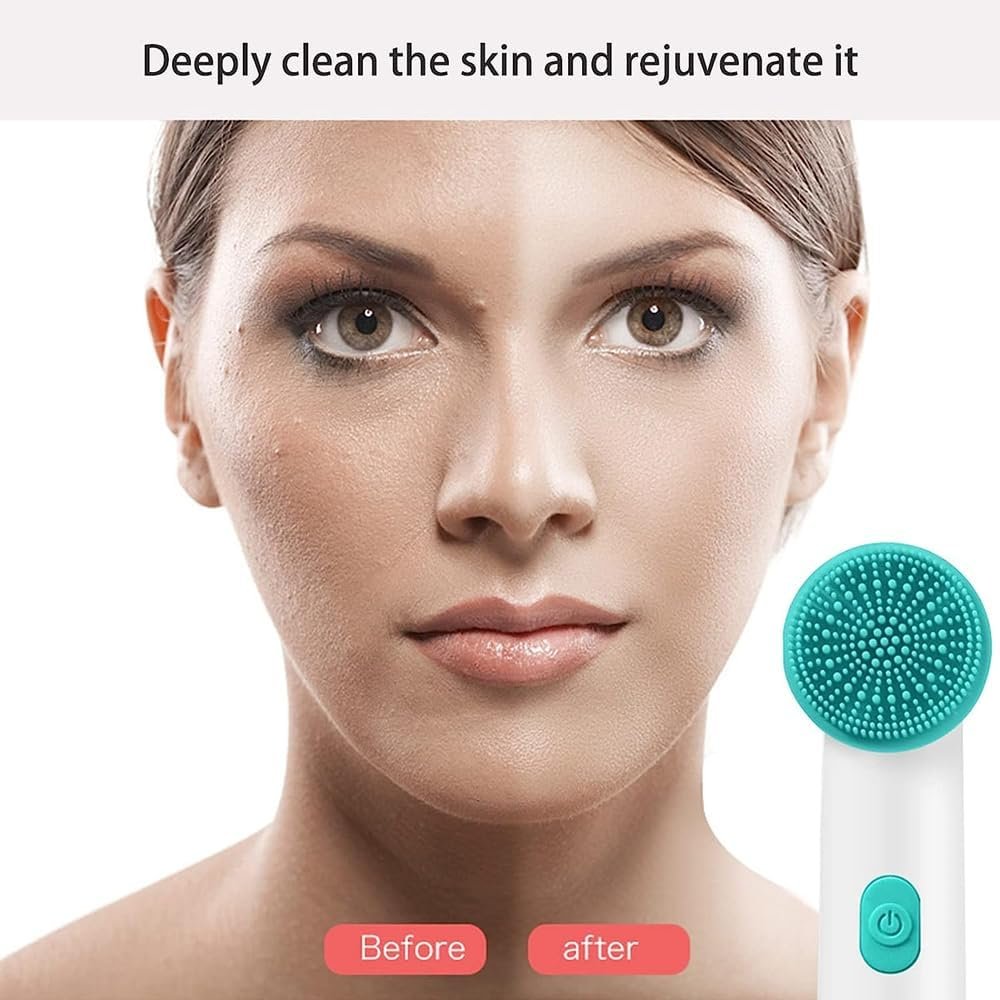 Sonic Facial Cleansing Brush, 2 in 1 Silicone Face Wash Brush, Facial Exfoliating Brush, Handheld Ultrasonic Face Scrub Cleaner with 2 Brush Heads (Battery Not Include) (Green)