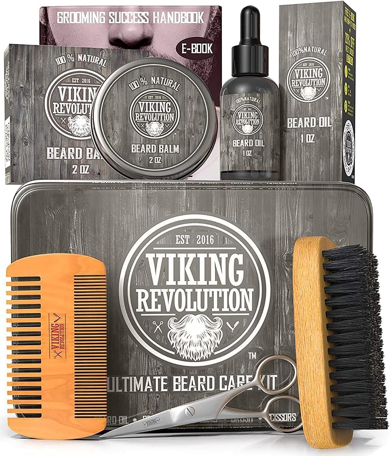 Viking Revolution Beard Care Kit for Men - Kit includes 100% Boar Beard Brush, Wooden Comb, Beard Balm, Beard Oil, Beard  Mustache Scissors in a Metal Box