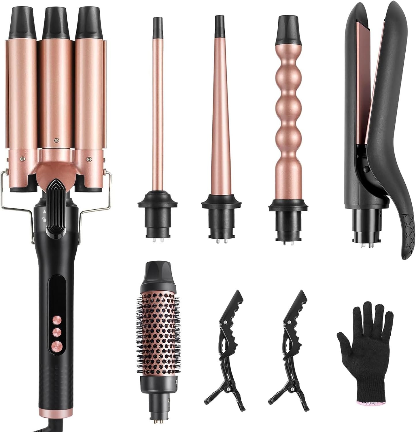 6 in 1 Hair Curling Iron Wand Set PTC Fast Heating Hair Crimper Professional Hair Styling Tools LCD Temp Control with Hair Straightener, Ceramic 3 Barrel Hair Waver Surprise Gift for Women Girl