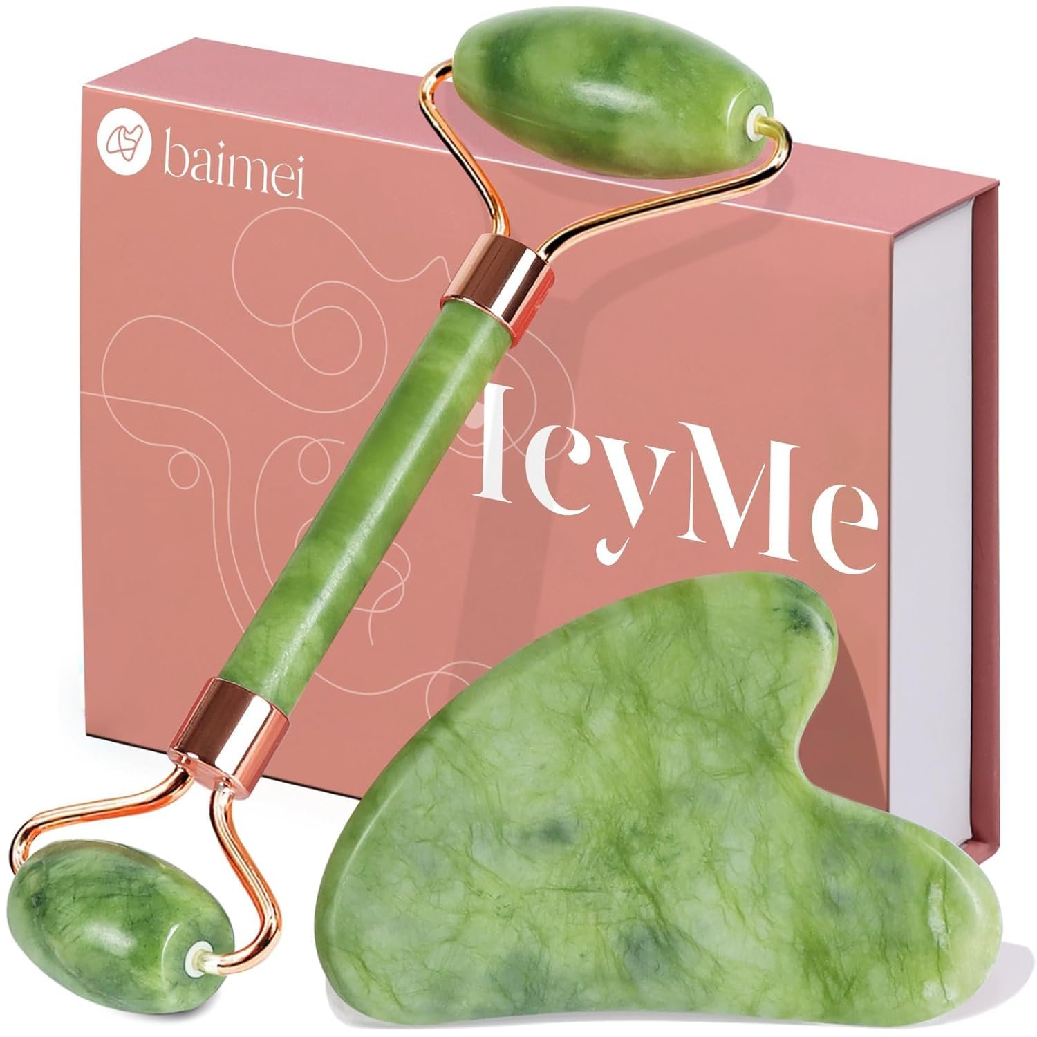 BAIMEI IcyMe Gua Sha  Jade Roller Facial Tools Face Roller and Gua Sha Set for Puffiness and Redness Reducing Skin Care Routine, Self Care Gift for Men Women - Green