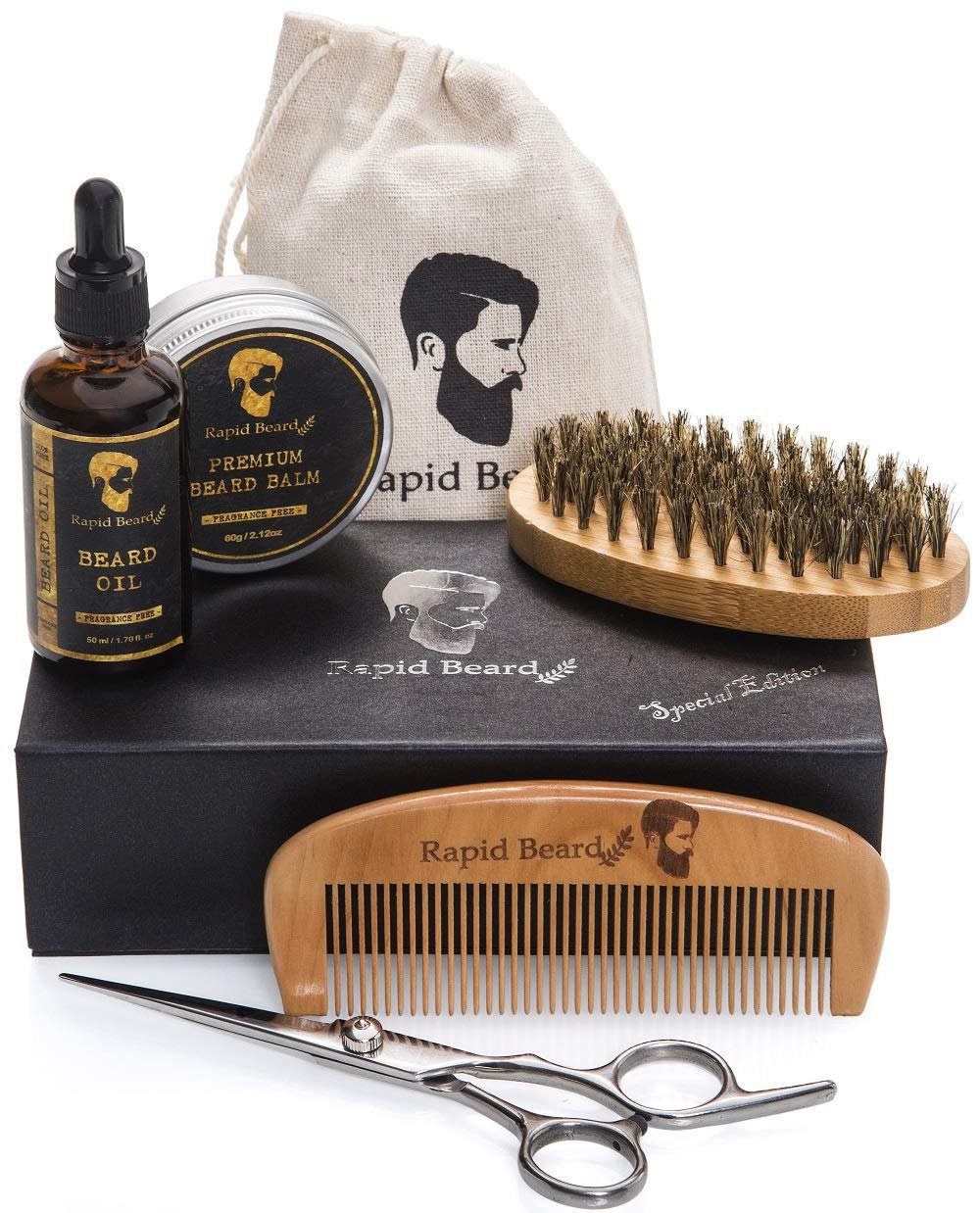 Beard Grooming  Trimming Kit for Men Care - Beard Brush  Comb, Unscented Oil Leave in Conditioner, Mustache  Beard Balm Butter Wax Growth, Styling - Stocking Stuffers Set