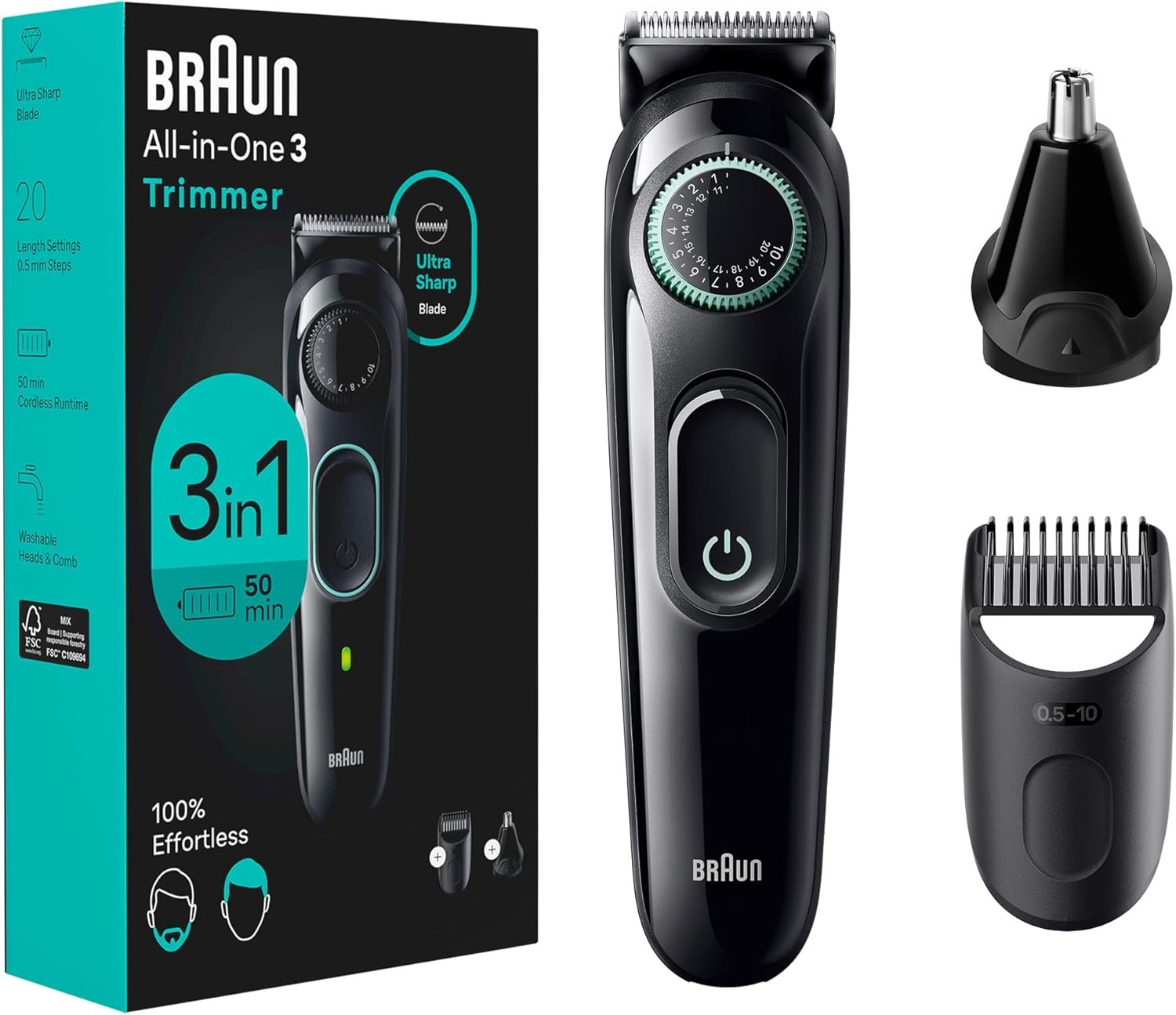 Braun All-In-One Style Kit Series 3 3430, 3-in-1 Trimmer for Men with Beard Trimmer, Ear  Nose Trimmer, Hair Clippers, Ultra-Sharp Blade, 20 Length Settings, Washable