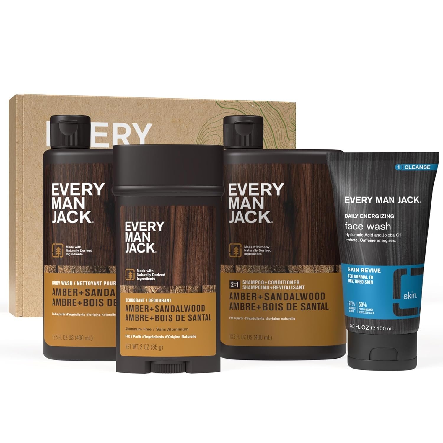 Every Man Jack Men’s Amber + Sandalwood Bath and Body Gift Set - Clean Ingredients  Sandalwood, Amber, and Vetiver scent - Round Out His Routine with Body Wash, 2-in-1 Shampoo, Deodorant  Face Wash