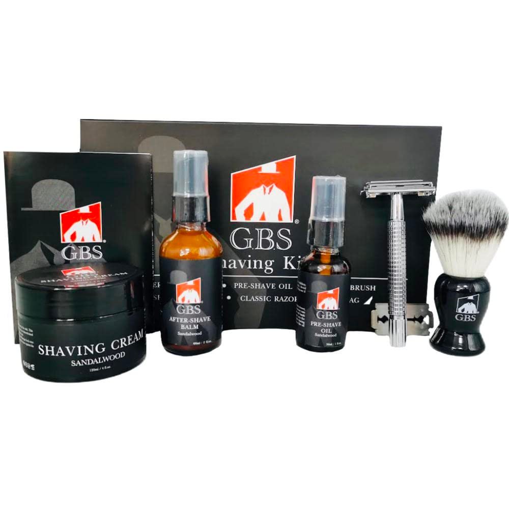 G.B.S Shaving Kit for Men with Safety Razor, Sandalwood Shaving Cream, Men’s aftershave, Pre-Shave Oil, Shaving Brush