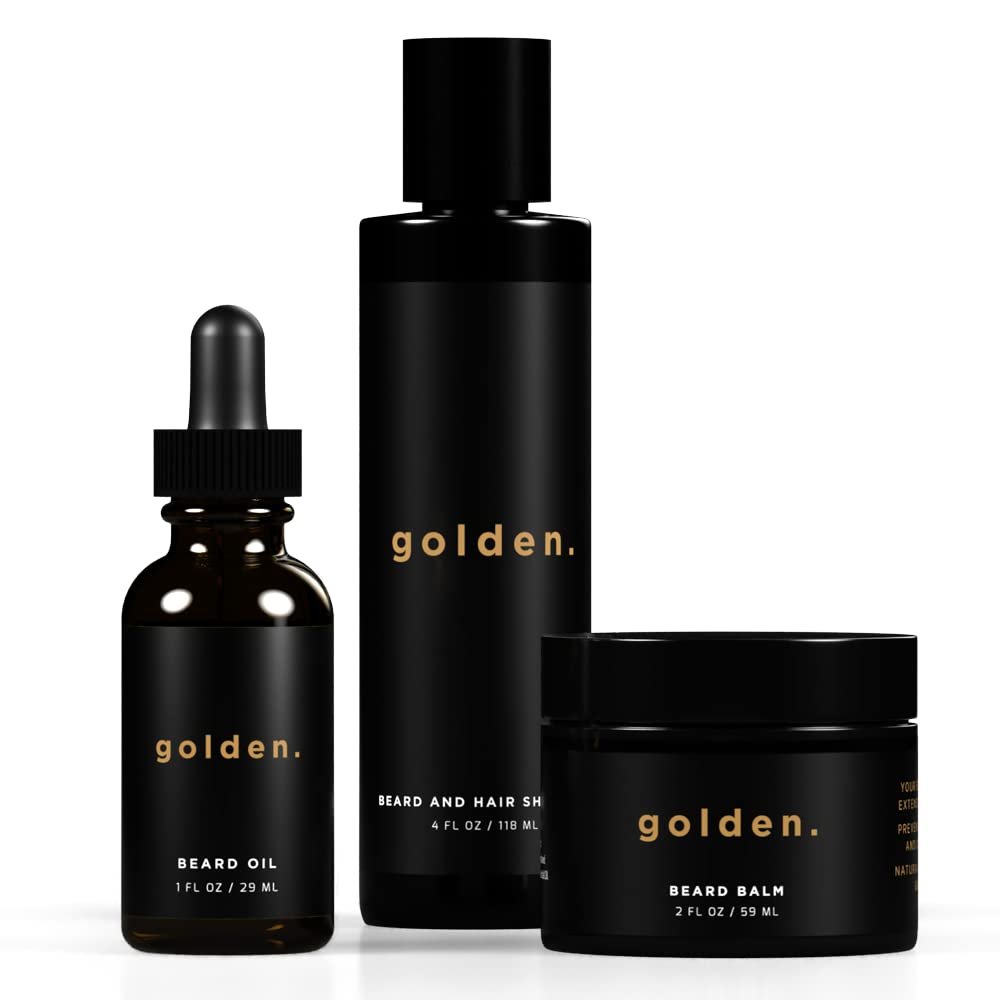 Golden Grooming Co. Beard Kit Bundle: Complete Beard Care - Beard Oil, Balm, Shampoo - All-Natural - Softens, Strengthens, and Nourishes Hair  Skin - Promotes Growth  Grooming - Gift for Him