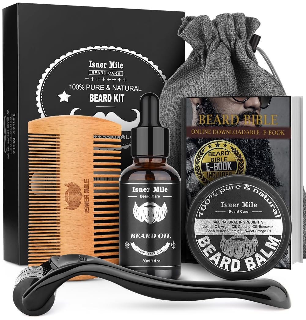 ISNER MILE Beard Kit with 0.25mm Roller, Oil, Balm, Comb, E-book, Storage Bag - Christmas, Fathers, Valentines Day Gifts for Him