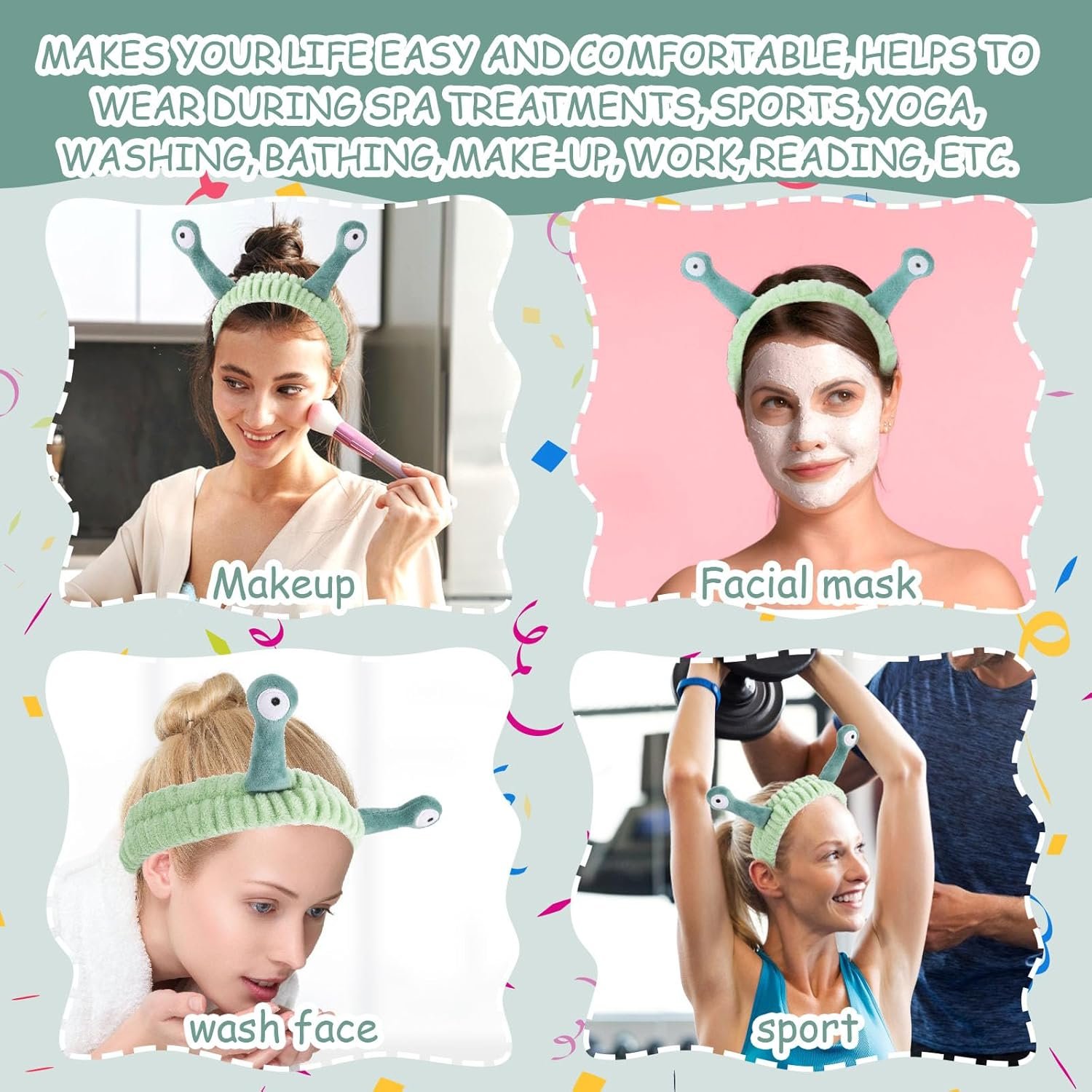 Molain Face Wash Headband, Palm and Snail Spa Hair Bands Makeup Headbands Women Cartoon Cute Coral Fleece Elastic Headband Creative Hair Accessories for Washing Face Shower Sports Beauty Skincare