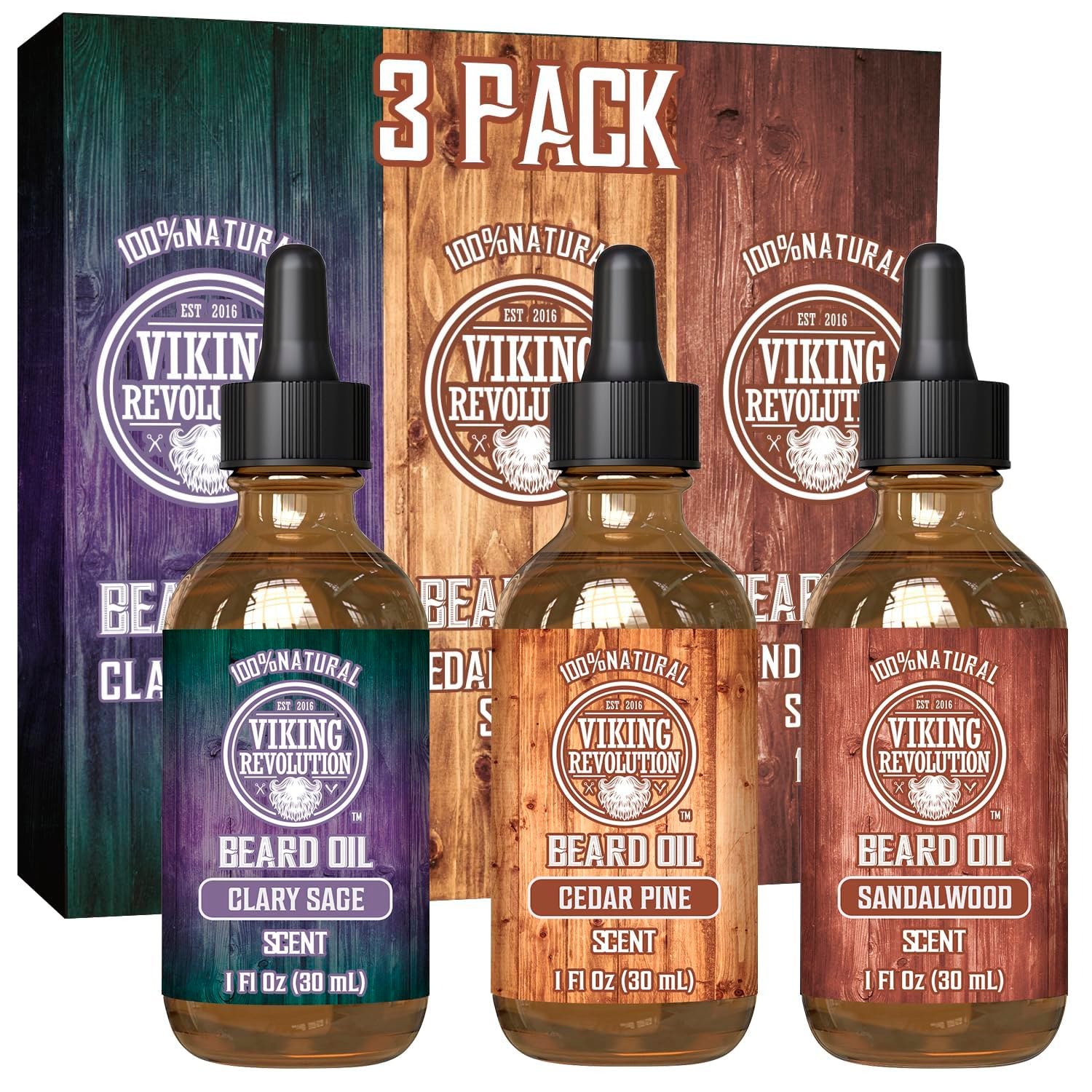 Viking Revolution Beard Oil for Men 3 Pack - Natural Mens Beard Oil Variety Set - Sandalwood, Pine and Cedar, Clary Sage Scents - Beard Conditioning and Moisturizing for a Healthy Beard (3 Pack, 1oz)