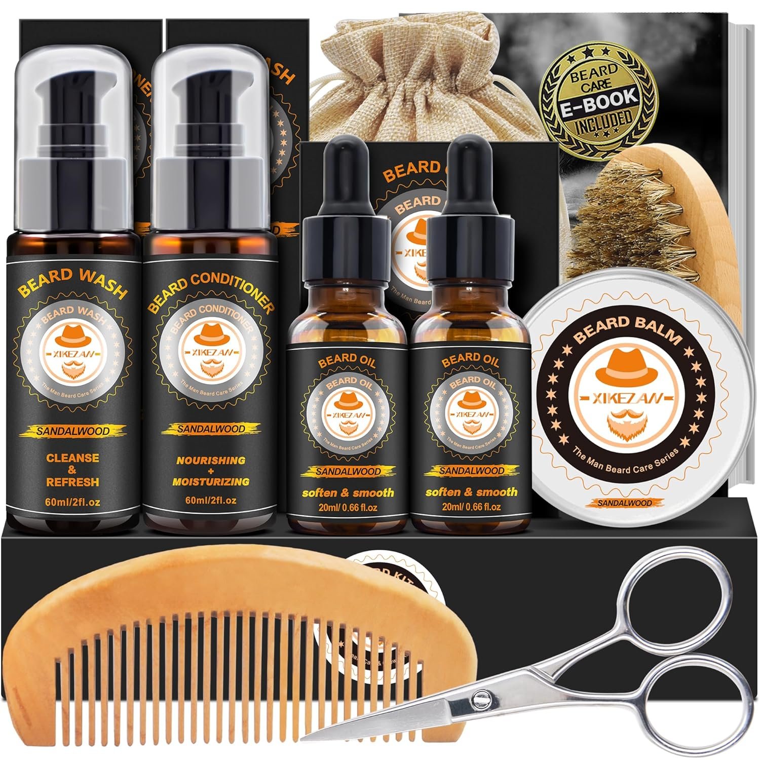 XIKEZAN Mens Beard Grooming Kit - Sandalwood Oil, Wash, Balm, Comb, Brush, Scissors, Bag, E-Book, Gift for Him